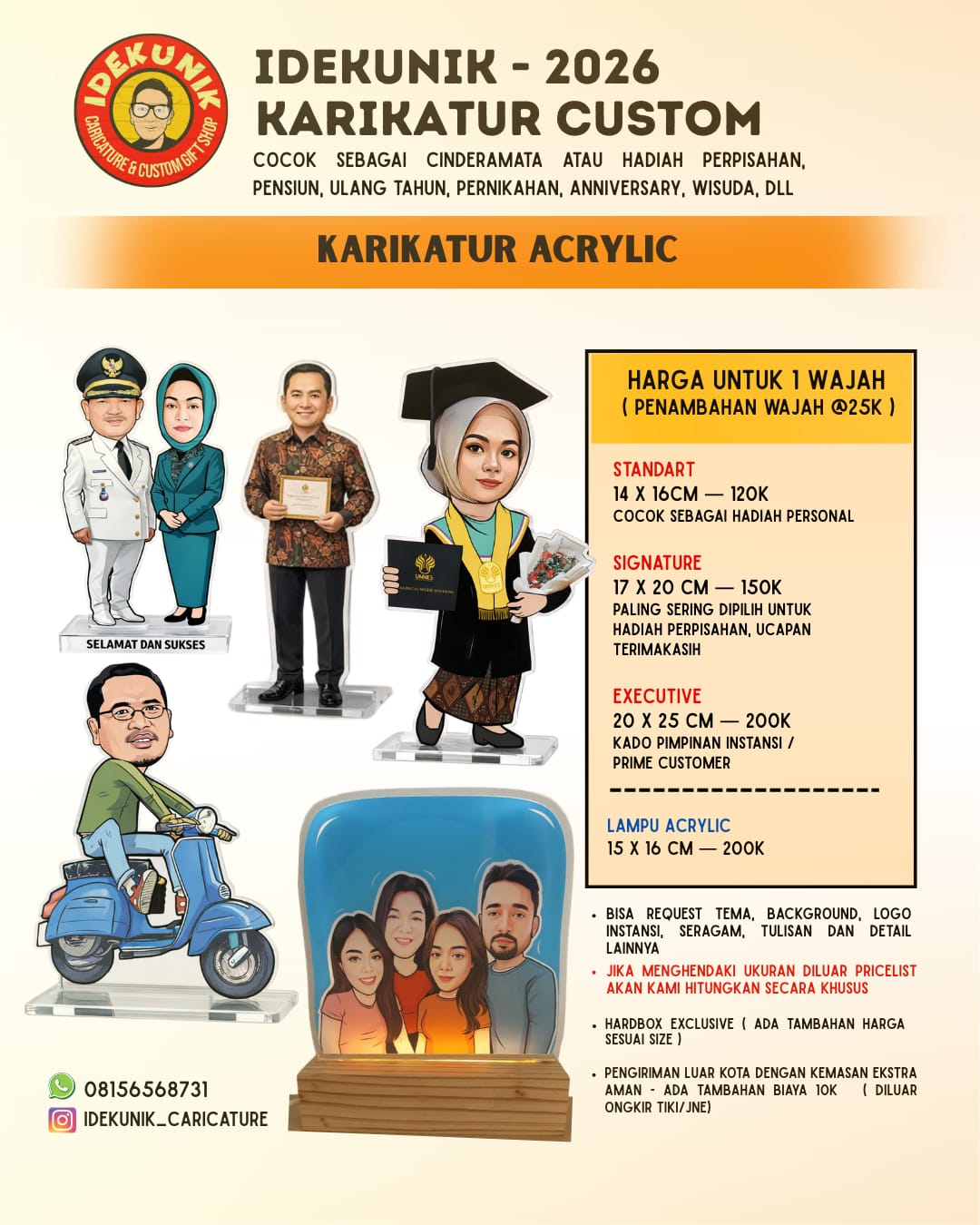 Idekunik Karikatur Acrylic price list and product examples